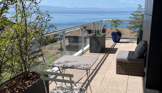 Bright and quiet apartment with lake and mountain views, terrace,